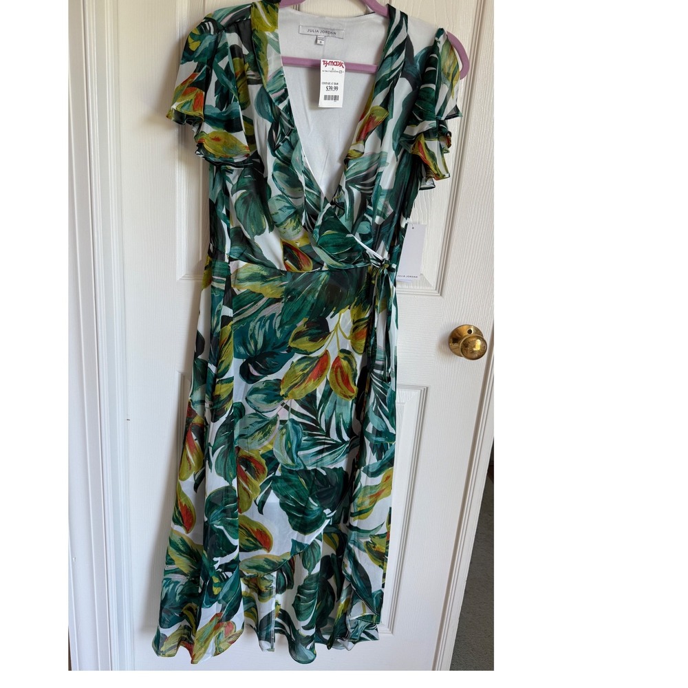 Julia Jordan Green Tropical Leaf Faux Wrap Midi Dress Flutter Sleeve Size 8 NEW
